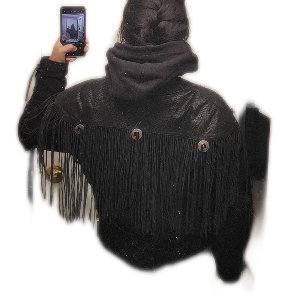 Vintage 80s fringe suede leather crop moto jacket black small medium - Picture 14 of 16